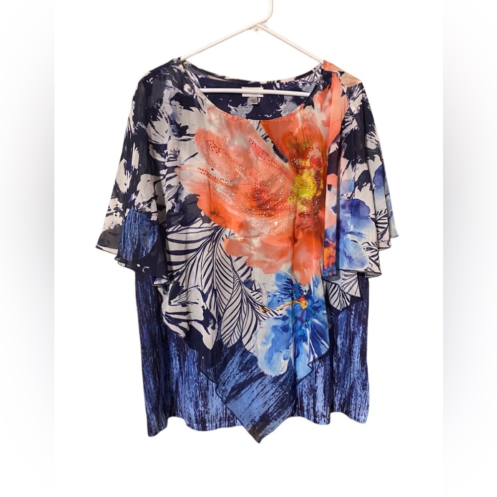 Avenue Floral Blouse Top Women’s 18/20 Beaded Semi-Sheer Overlay Fairy Comfort